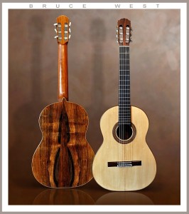 guitar by bruce 2015.- 3 piece quarter cut Brazilian Rosewood back, top: approx. 95 year old hand split European Spruce. 65 cm string length. Honduras Mahogany neck. solid willow linings and tail block. Truly beautiful guitar in all respects